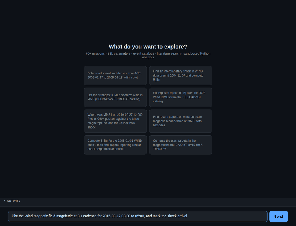 One question answered end to end in the web UI: the plan, the parameter card, the
activity dock filling with tool calls, the figure, and the generated script opened in the
code panel
